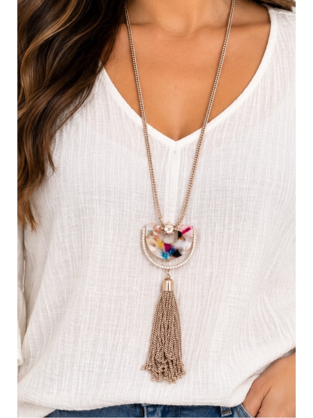 Time and Tru Necklace 34" Rhinestones w/colorful marbled crescent pendant